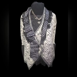 Upcycled Black and White Patterned Cardigan With Cusum Denim Accents